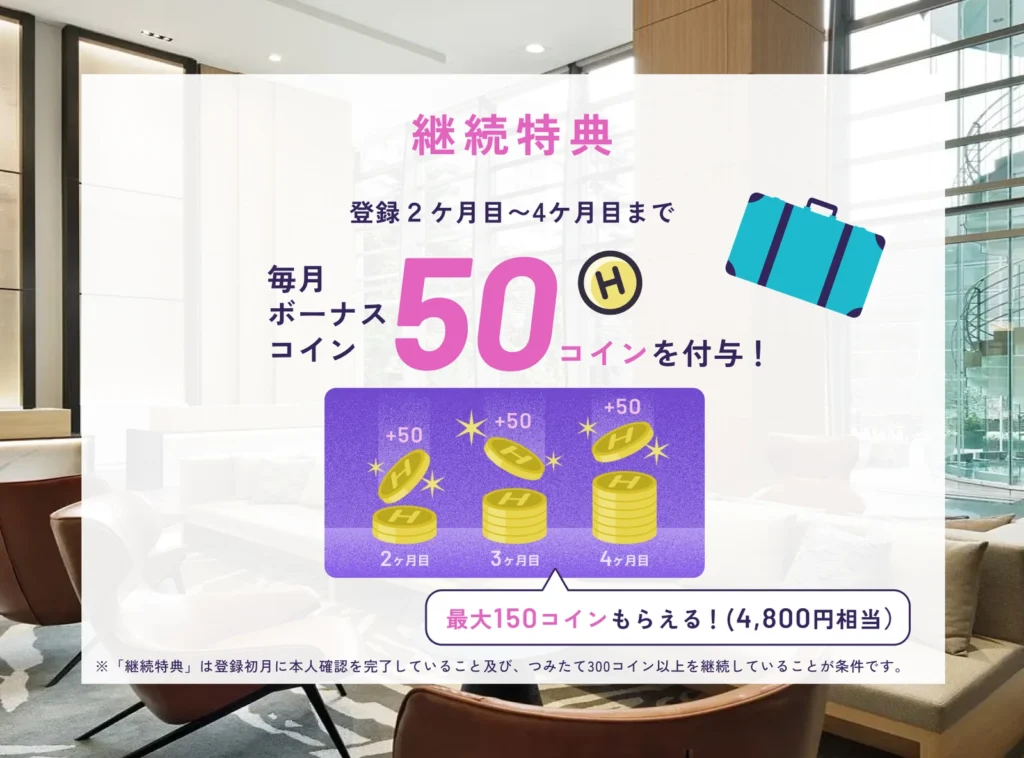 HafH登録2か月目から4か月目まで毎月50コインがもらえる継続特典