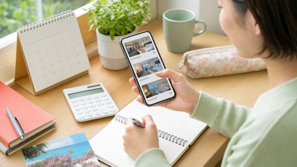 スマートフォンでホテルを比較しながら旅行予算を確認する様子